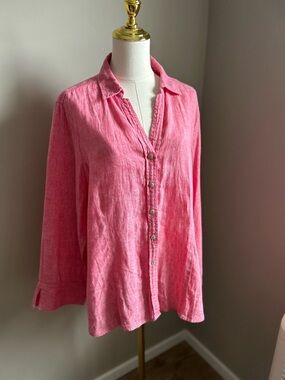 100% Linen Women's Pink Button-Front Shirt summer beach spring vacation natural